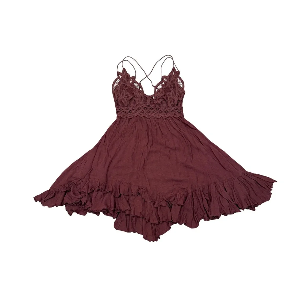 Free People FP One Adella Slip Dress Brown Lace Boho Ruffle Mini Dress Medium M
